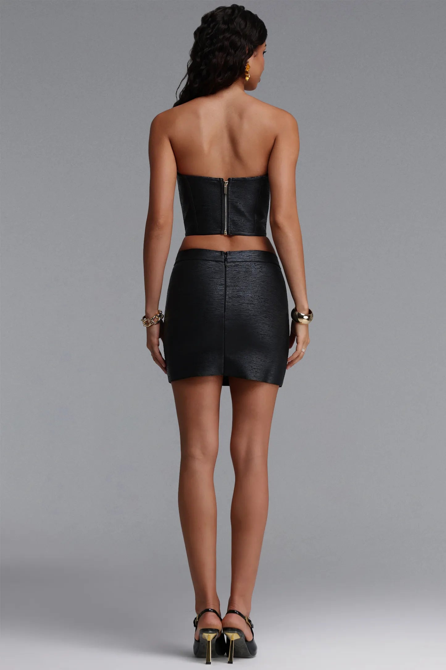 Black Faux Leather Strapless Corset and Mini Skirt Set