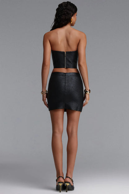 Black Faux Leather Strapless Corset and Mini Skirt Set