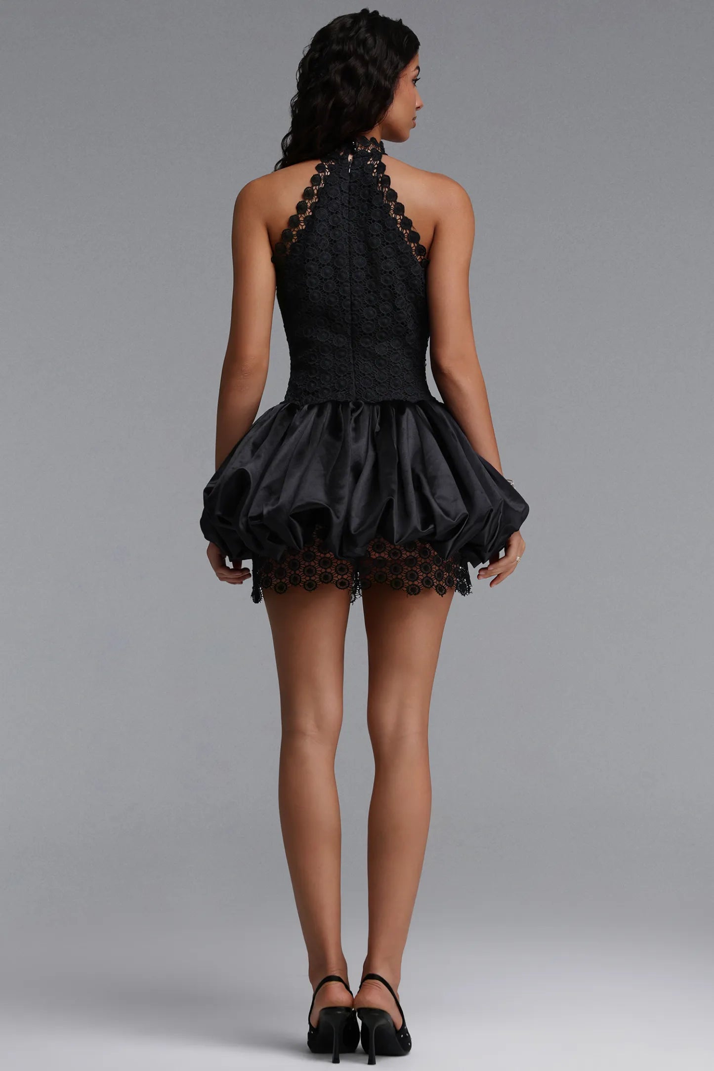 Sheer Lace Halter Bubble Mini Dress - Black