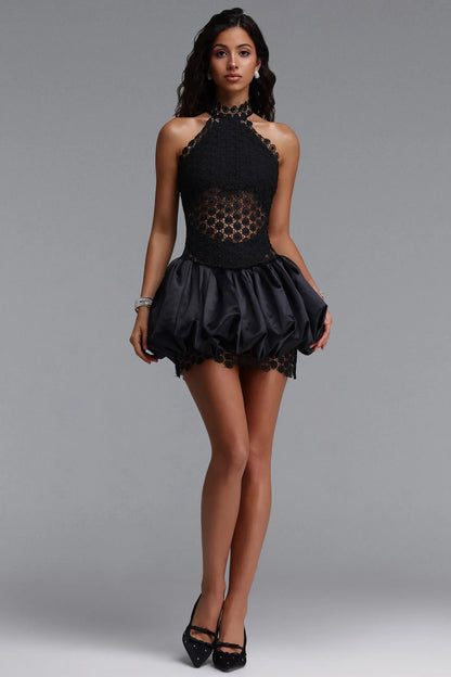 Sheer Lace Halter Bubble Mini Dress - Black