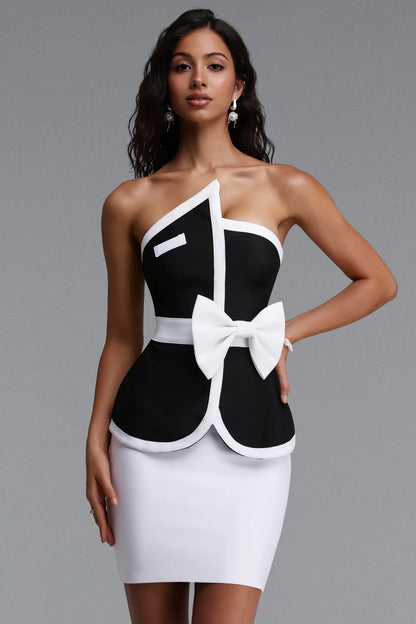 Color Block Bow Detail Peplum Mini Dress - Black & White
