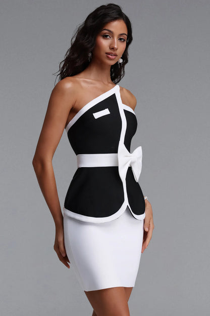 Color Block Bow Detail Peplum Mini Dress - Black & White
