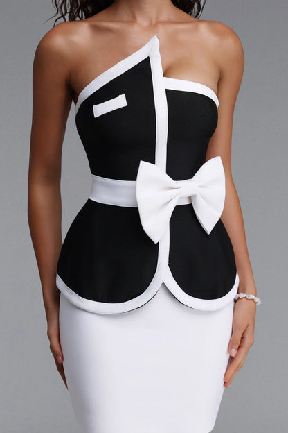 Color Block Bow Detail Peplum Mini Dress - Black & White
