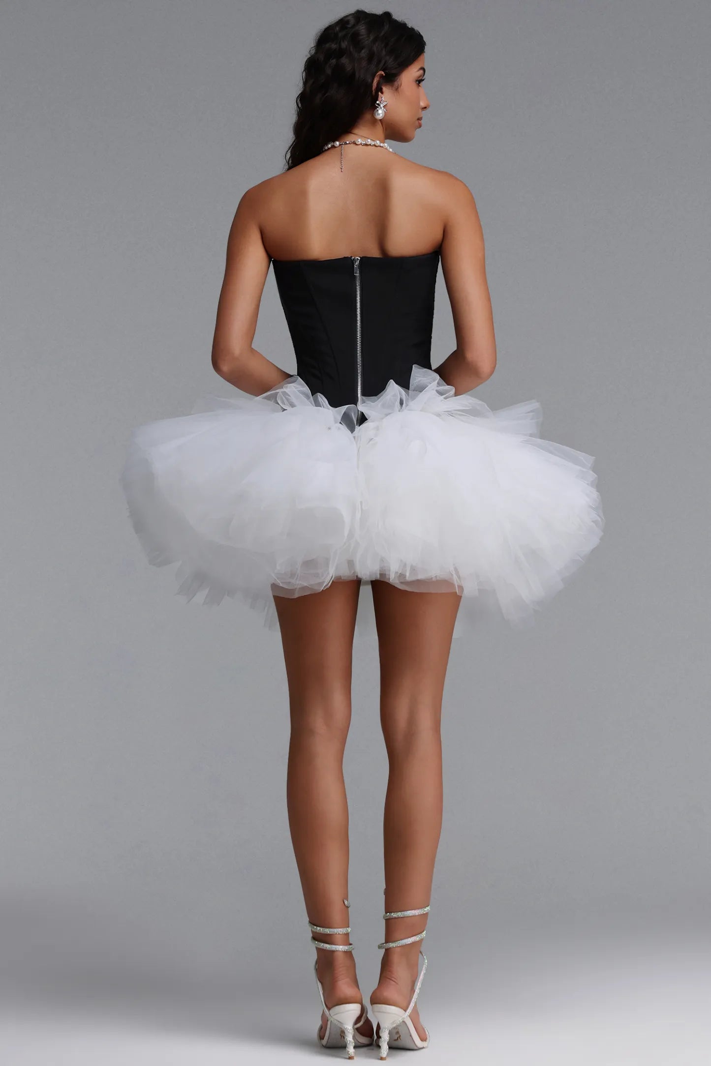 Strapless Corset Tulle Tutu Mini Dress - Black/White