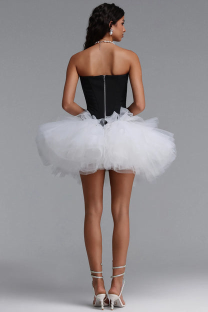 Strapless Corset Tulle Tutu Mini Dress - Black/White