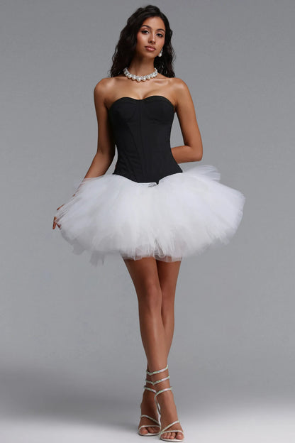 Strapless Corset Tulle Tutu Mini Dress - Black/White
