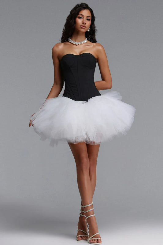 Strapless Corset Tulle Tutu Mini Dress - Black/White