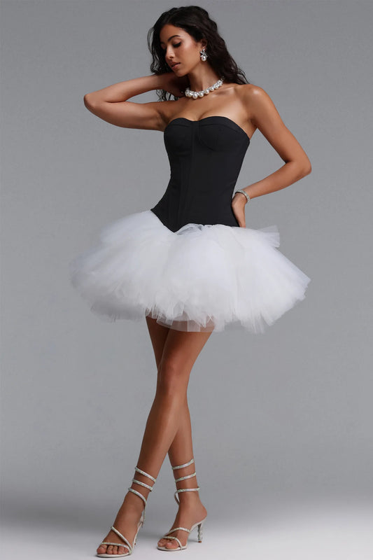 Strapless Corset Tulle Tutu Mini Dress - Black/White