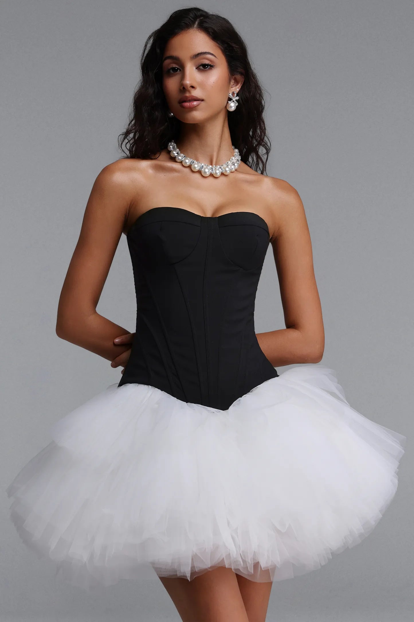 Strapless Corset Tulle Tutu Mini Dress - Black/White