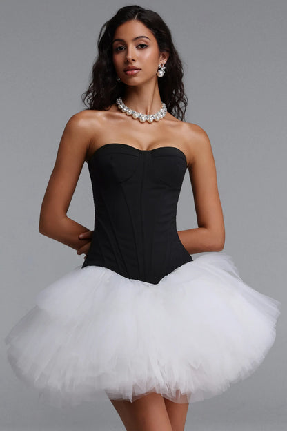 Strapless Corset Tulle Tutu Mini Dress - Black/White