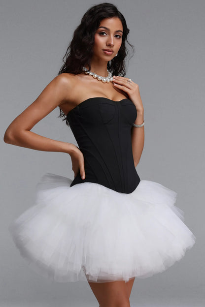 Strapless Corset Tulle Tutu Mini Dress - Black/White