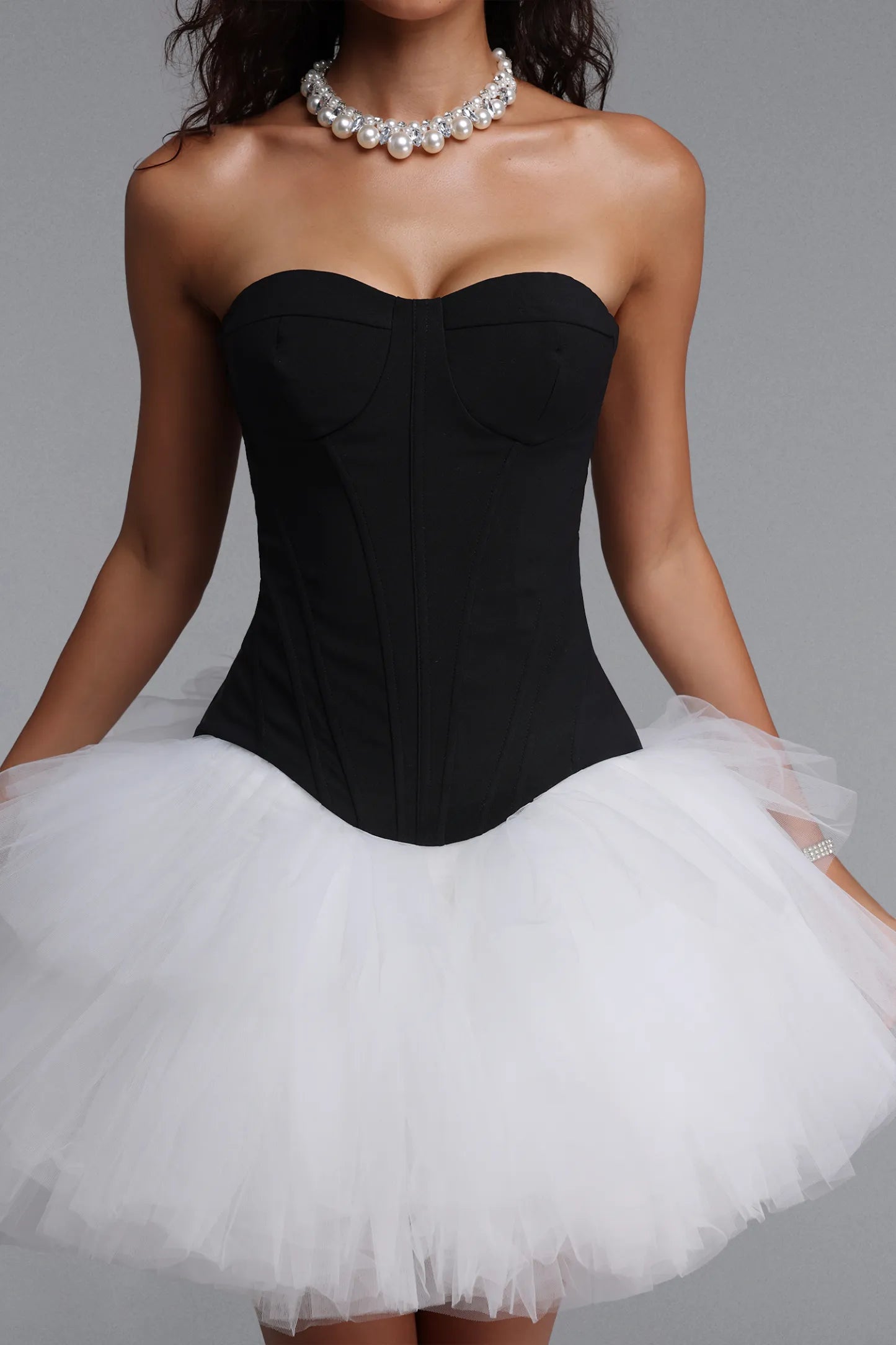 Strapless Corset Tulle Tutu Mini Dress - Black/White