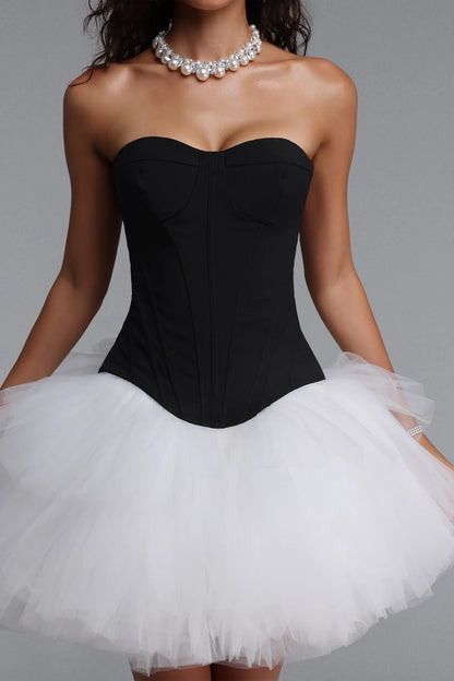 Strapless Corset Tulle Tutu Mini Dress - Black/White
