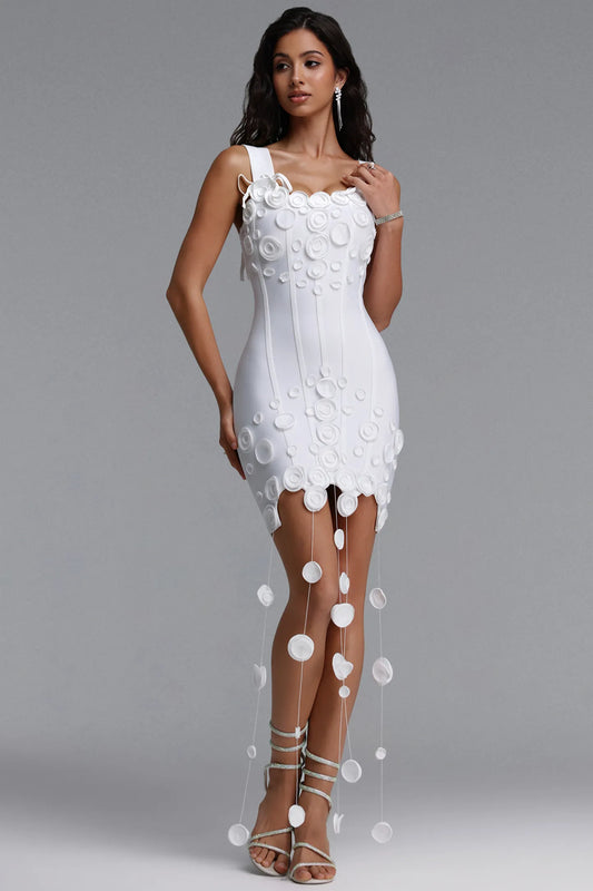 3D Circular Appliqué Cascading Fringe Mini Dress - White