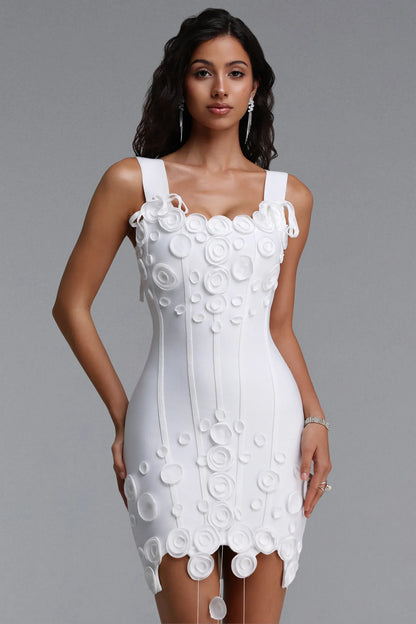 3D Circular Appliqué Cascading Fringe Mini Dress - White