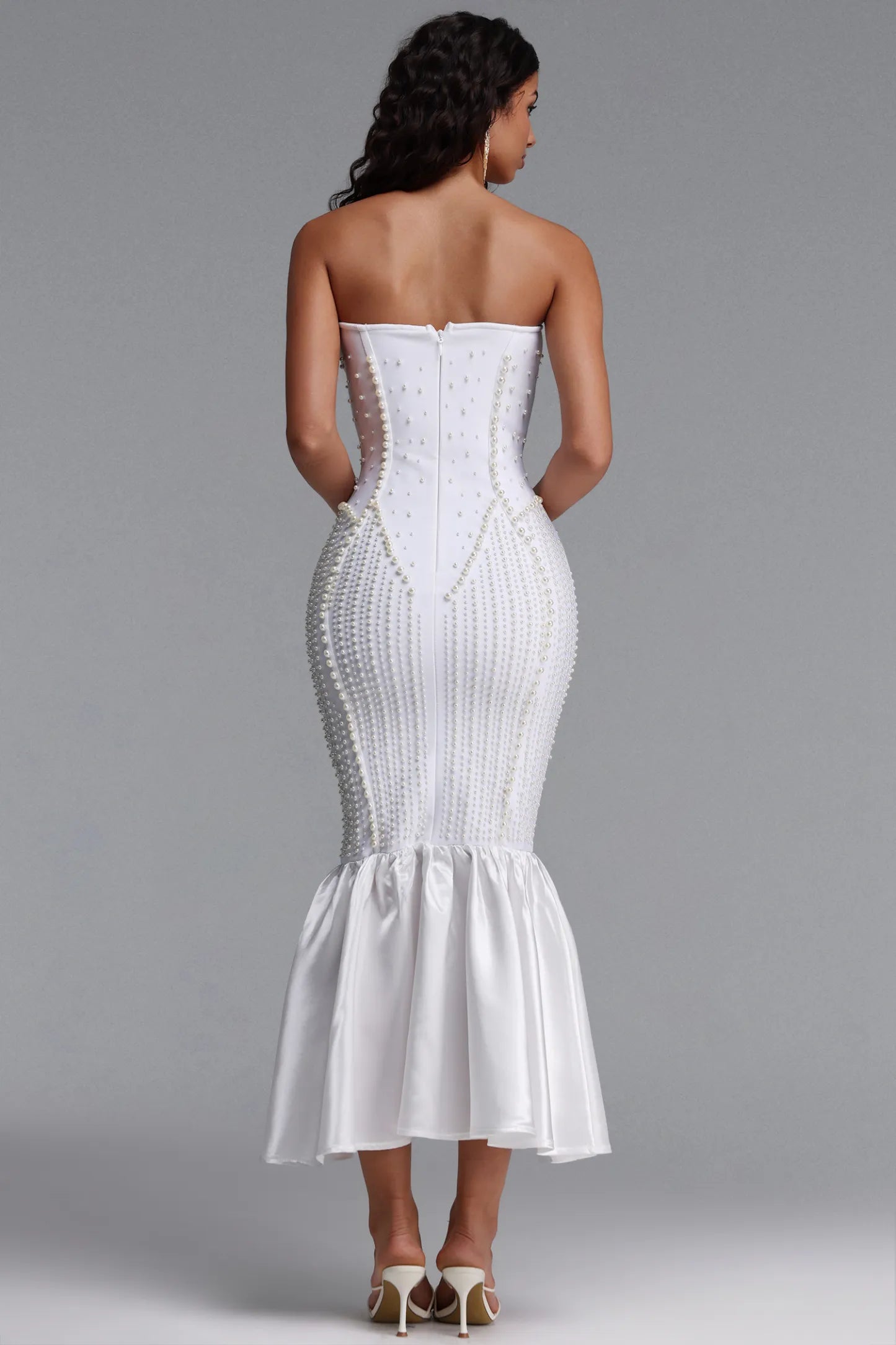 White Pearl-Encrusted Strapless Mermaid Dress