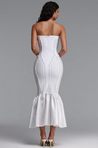White Pearl-Encrusted Strapless Mermaid Dress