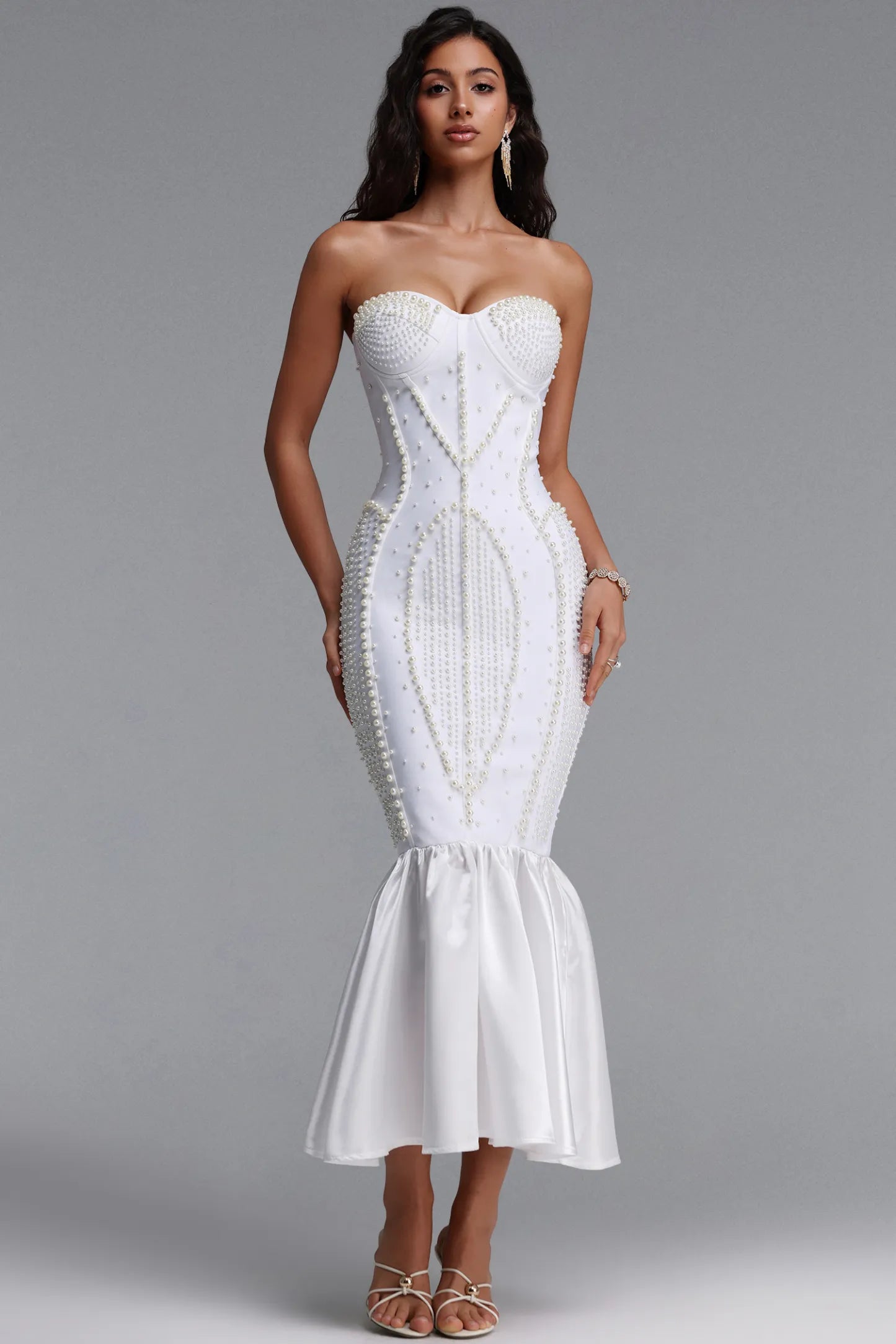 White Pearl-Encrusted Strapless Mermaid Dress