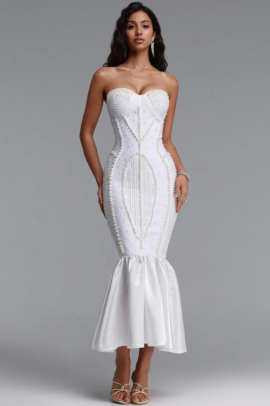 White Pearl-Encrusted Strapless Mermaid Dress