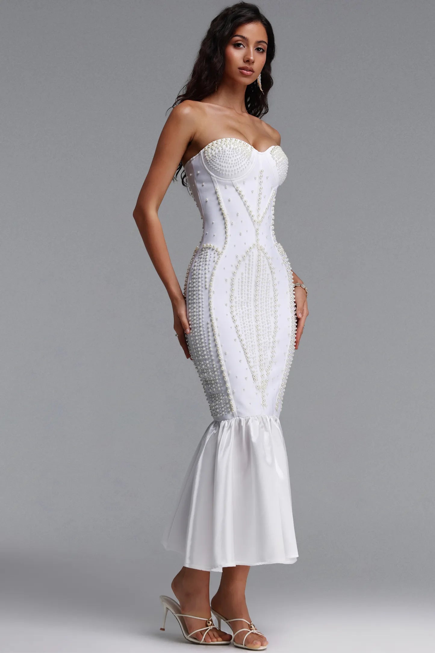 White Pearl-Encrusted Strapless Mermaid Dress