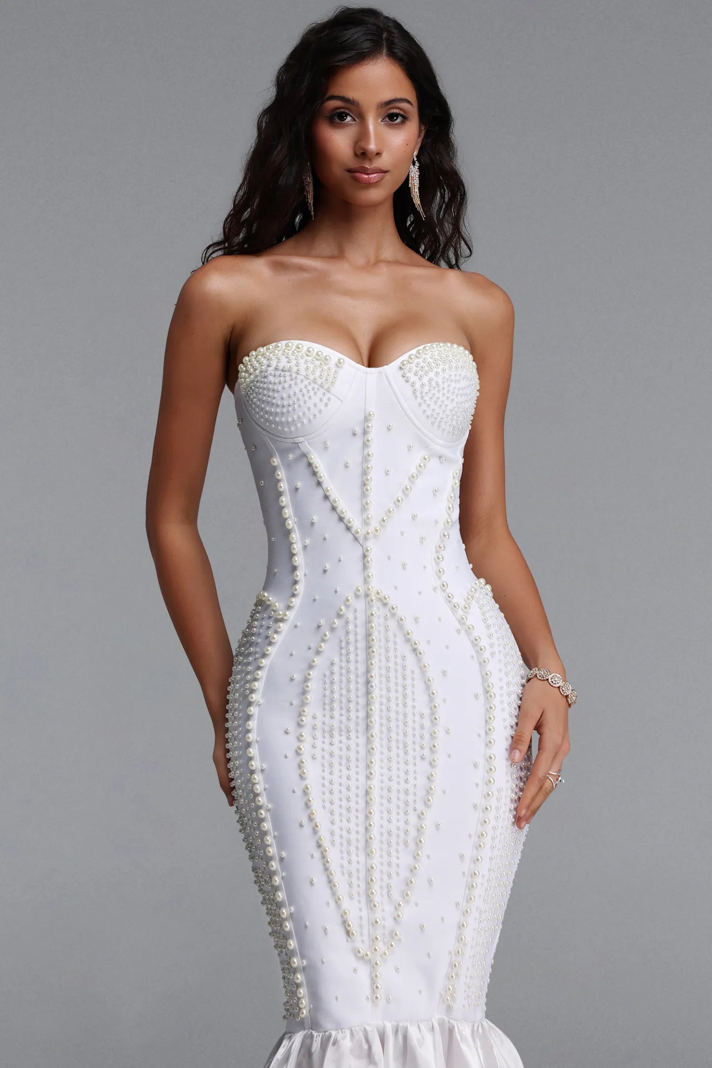 White Pearl-Encrusted Strapless Mermaid Dress
