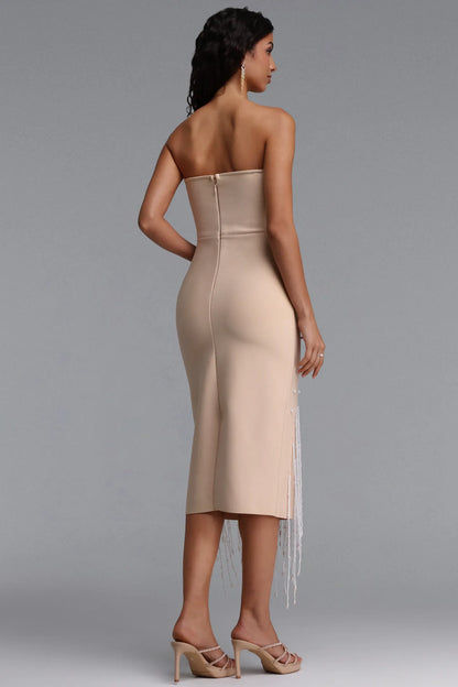 Nude Strapless Pearl Embellished Midi Dress with Beaded Fringe