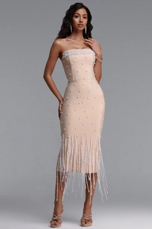 Nude Strapless Pearl Embellished Midi Dress with Beaded Fringe
