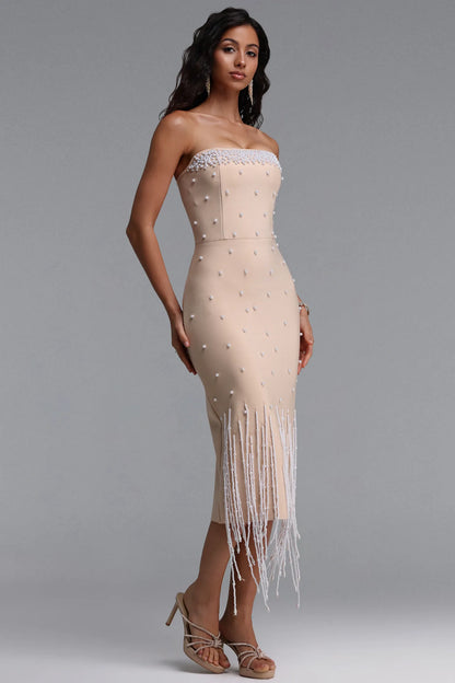 Nude Strapless Pearl Embellished Midi Dress with Beaded Fringe