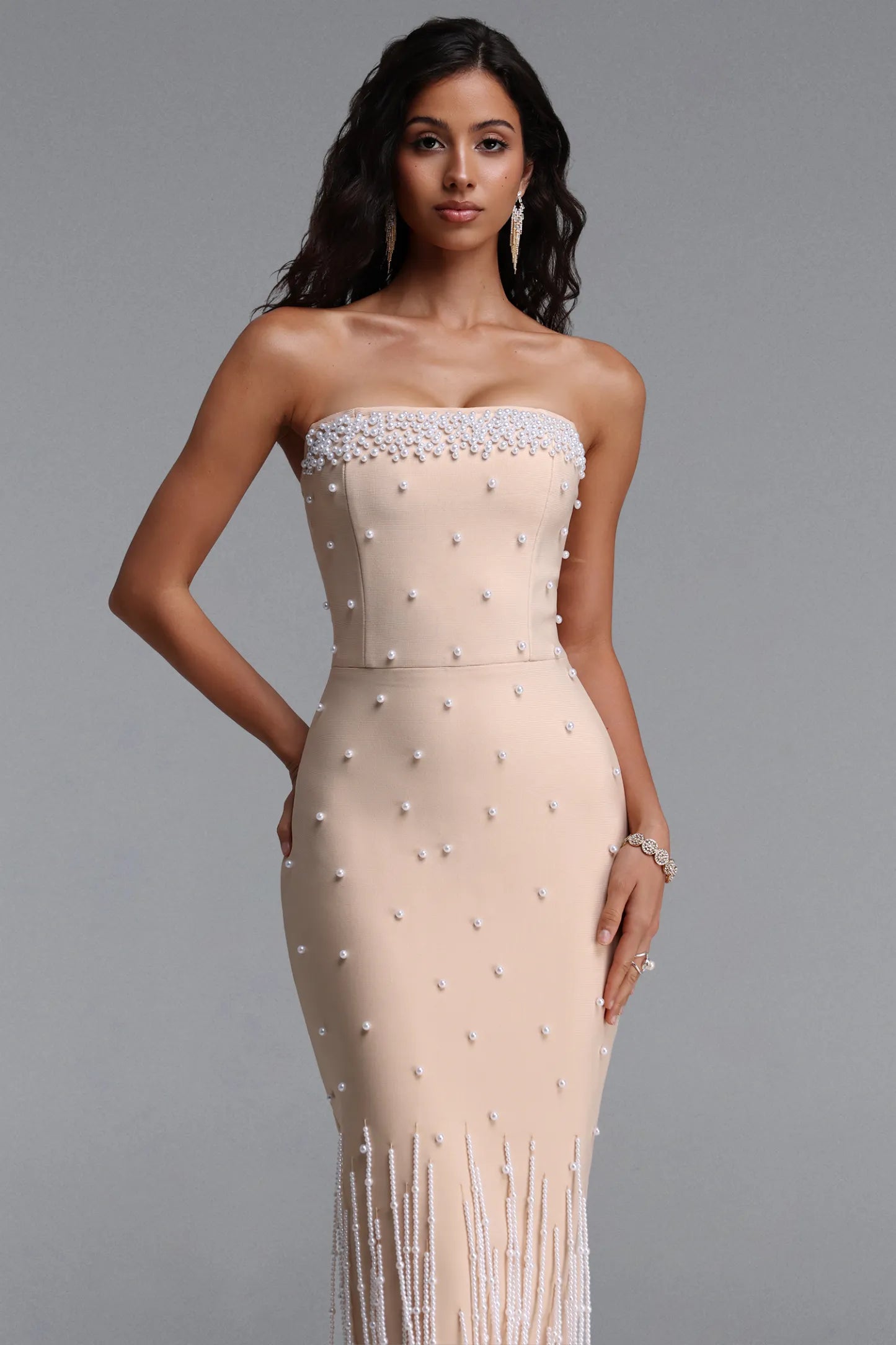 Nude Strapless Pearl Embellished Midi Dress with Beaded Fringe