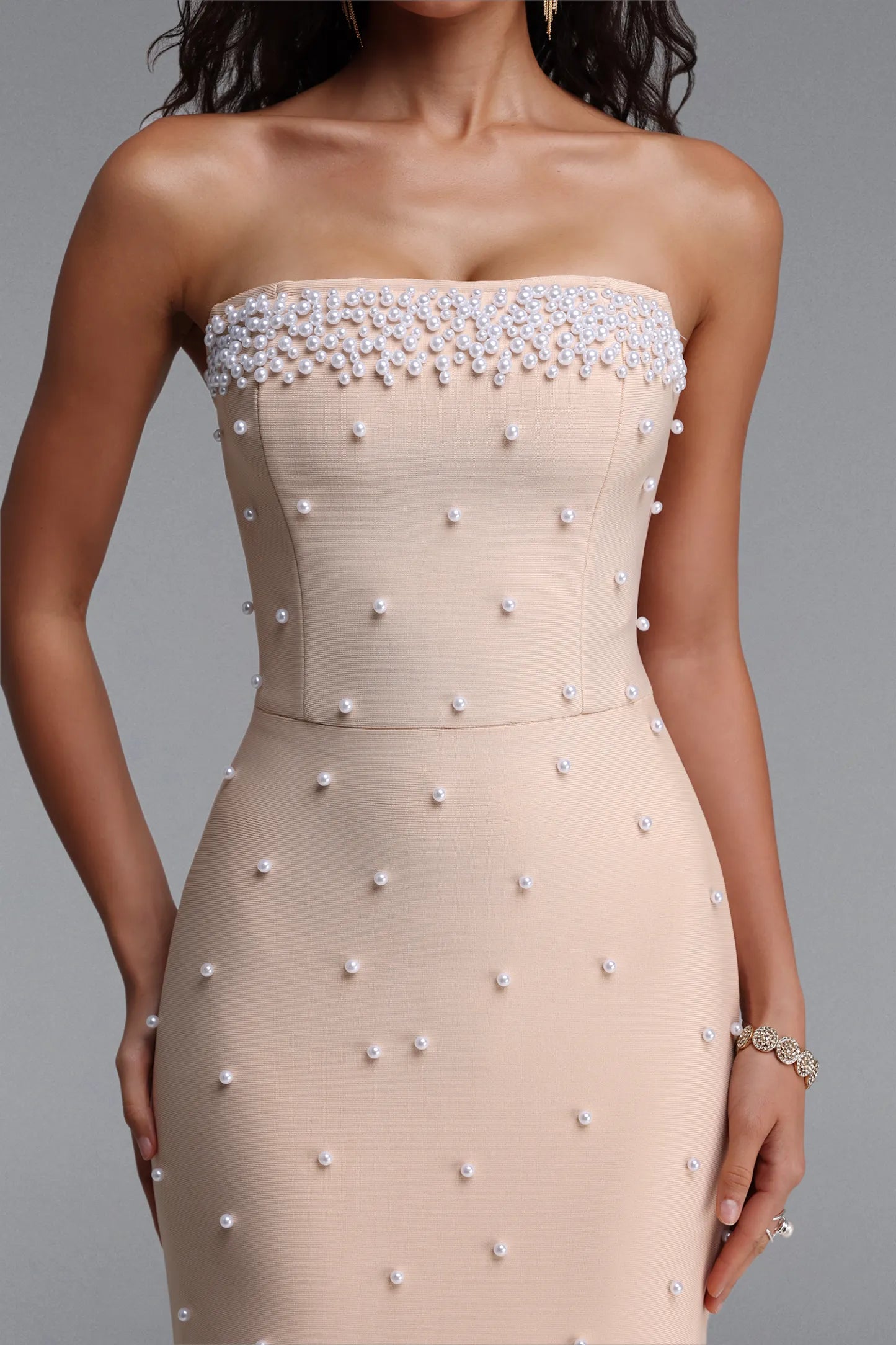 Nude Strapless Pearl Embellished Midi Dress with Beaded Fringe
