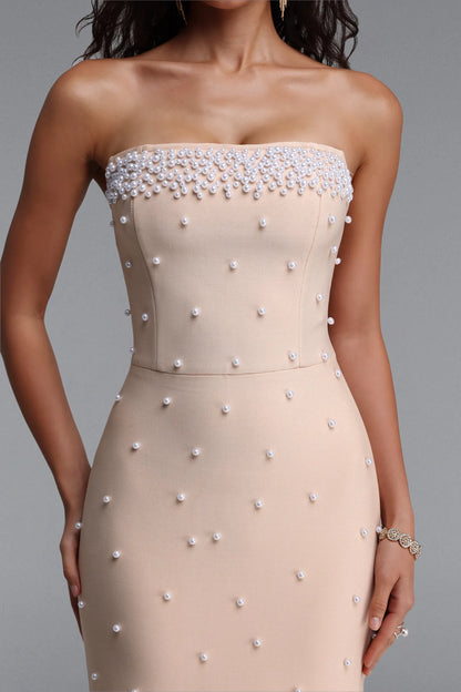 Nude Strapless Pearl Embellished Midi Dress with Beaded Fringe