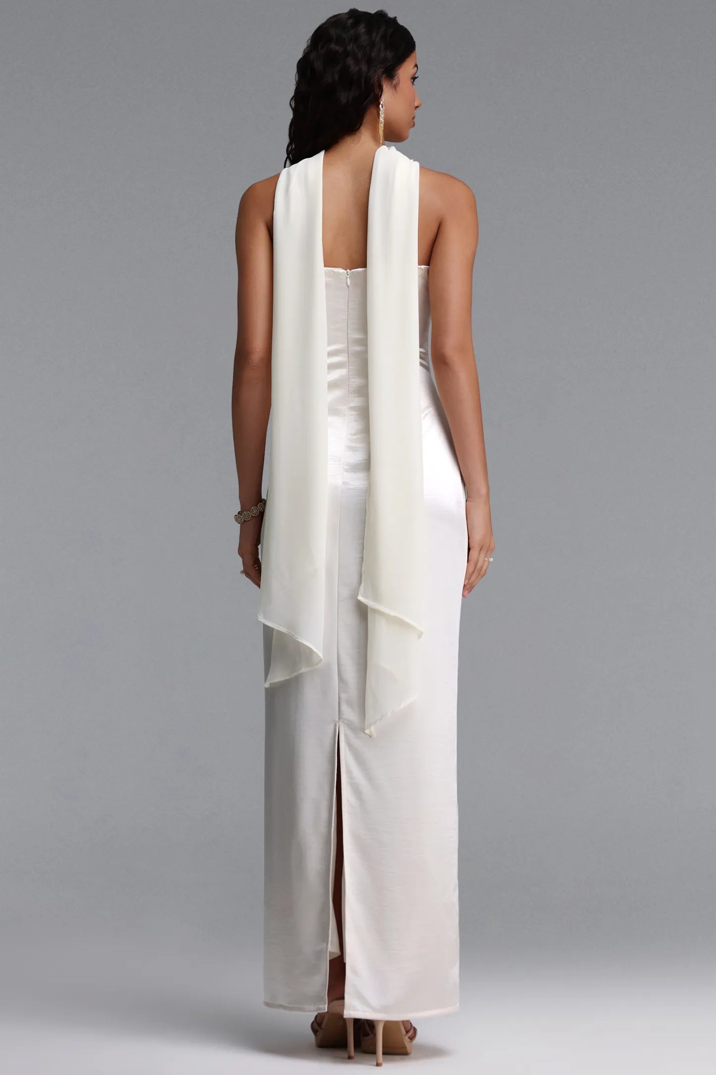 Ivory Satin Strapless Gown with Embellished Bodice and Scarf