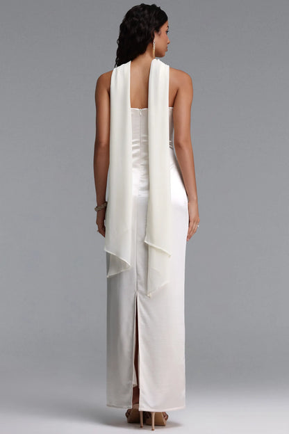 Ivory Satin Strapless Gown with Embellished Bodice and Scarf