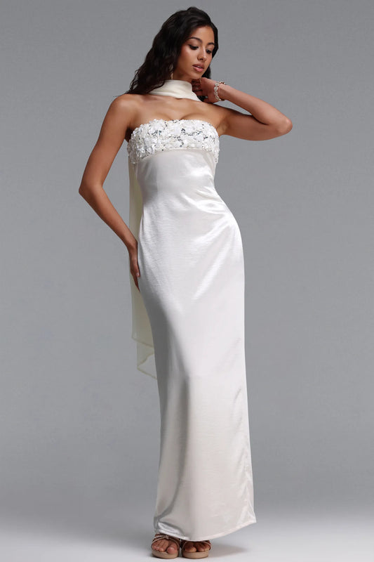 Ivory Satin Strapless Gown with Embellished Bodice and Scarf