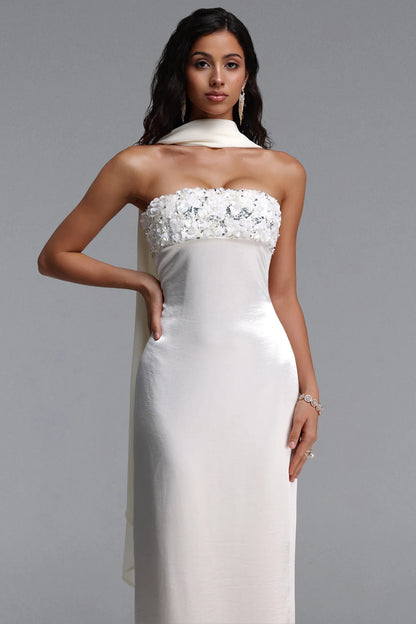 Ivory Satin Strapless Gown with Embellished Bodice and Scarf