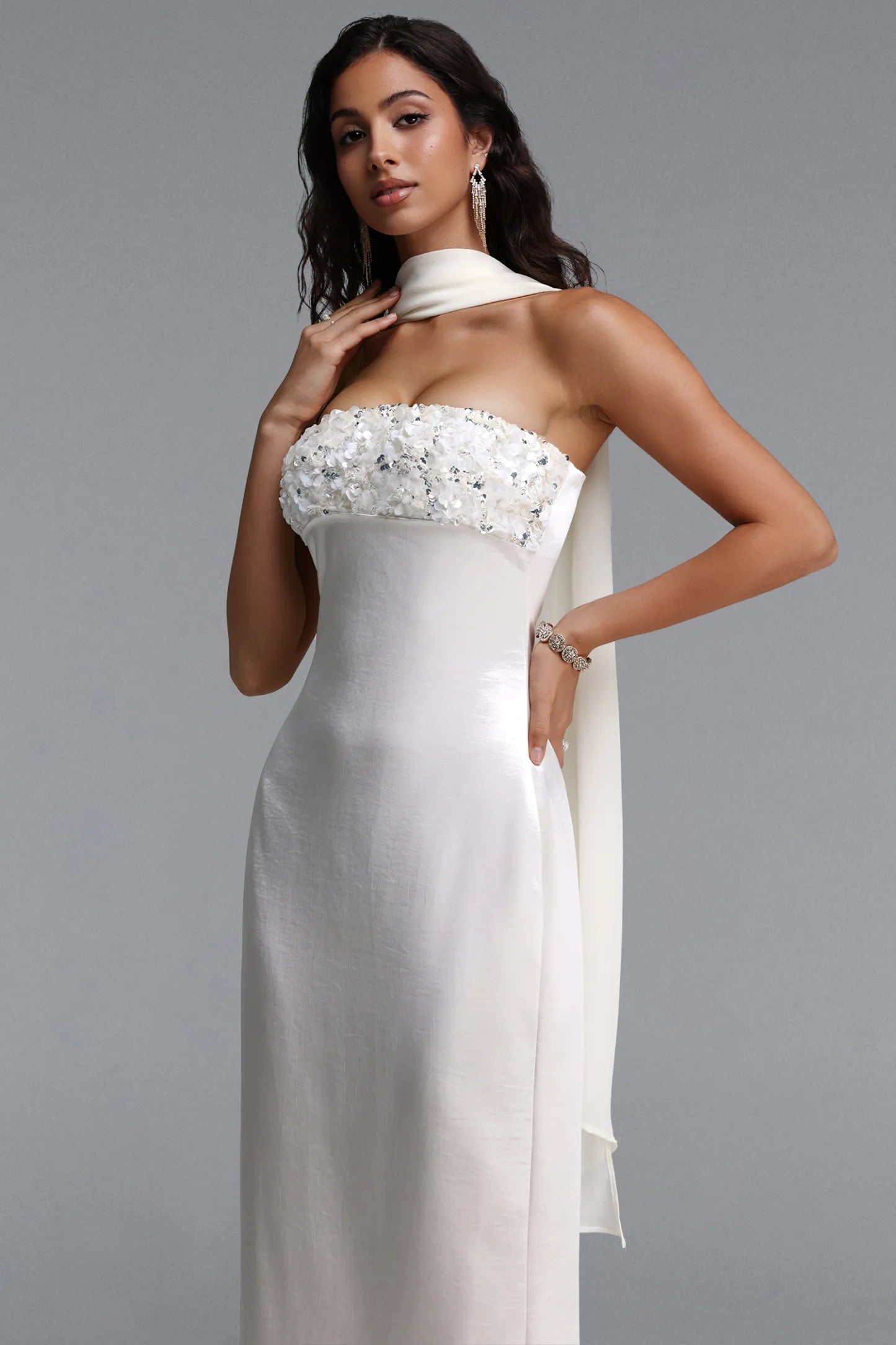 Ivory Satin Strapless Gown with Embellished Bodice and Scarf