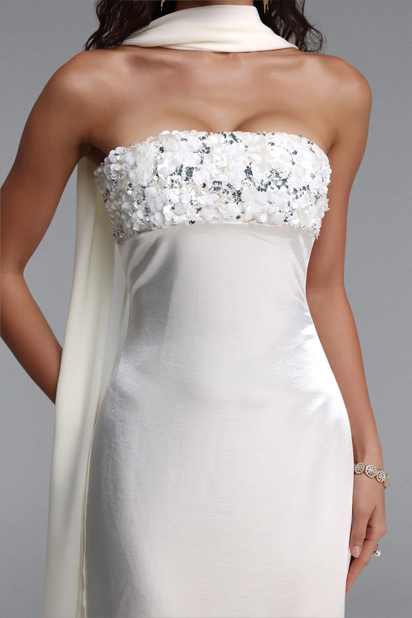 Ivory Satin Strapless Gown with Embellished Bodice and Scarf