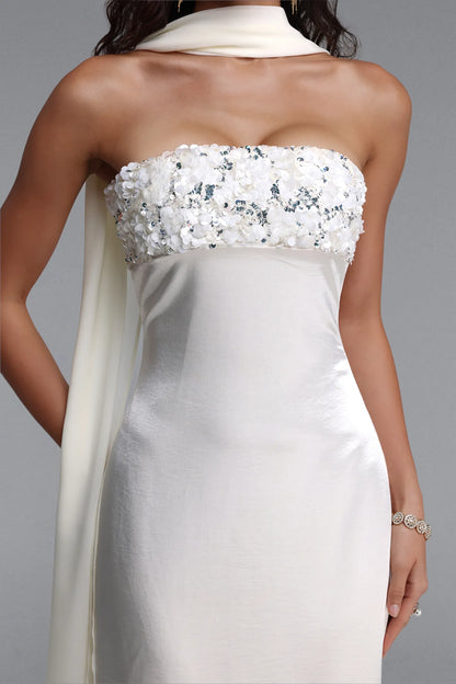 Ivory Satin Strapless Gown with Embellished Bodice and Scarf