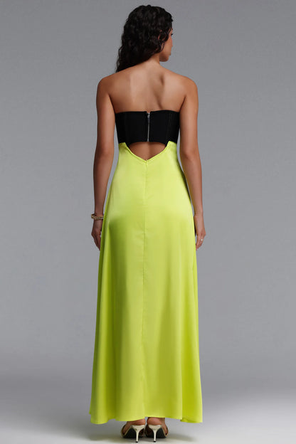Black Corset and Chartreuse Satin Cutout Evening Gown
