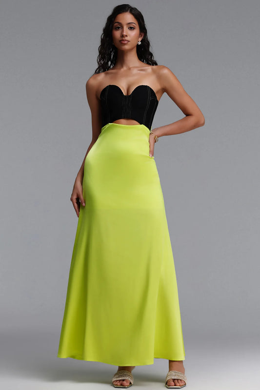 Black Corset and Chartreuse Satin Cutout Evening Gown
