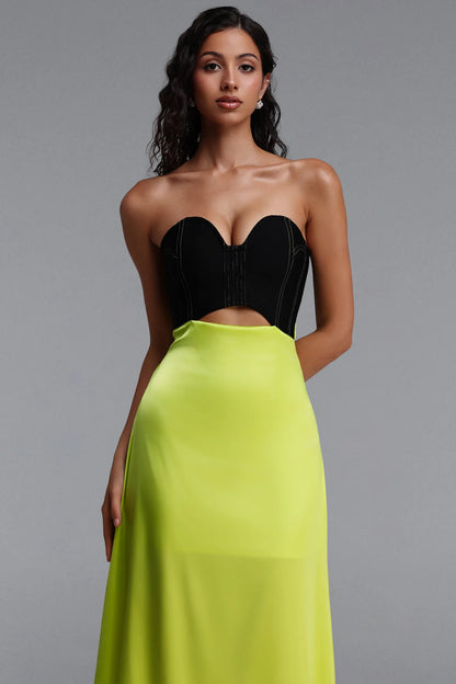 Black Corset and Chartreuse Satin Cutout Evening Gown