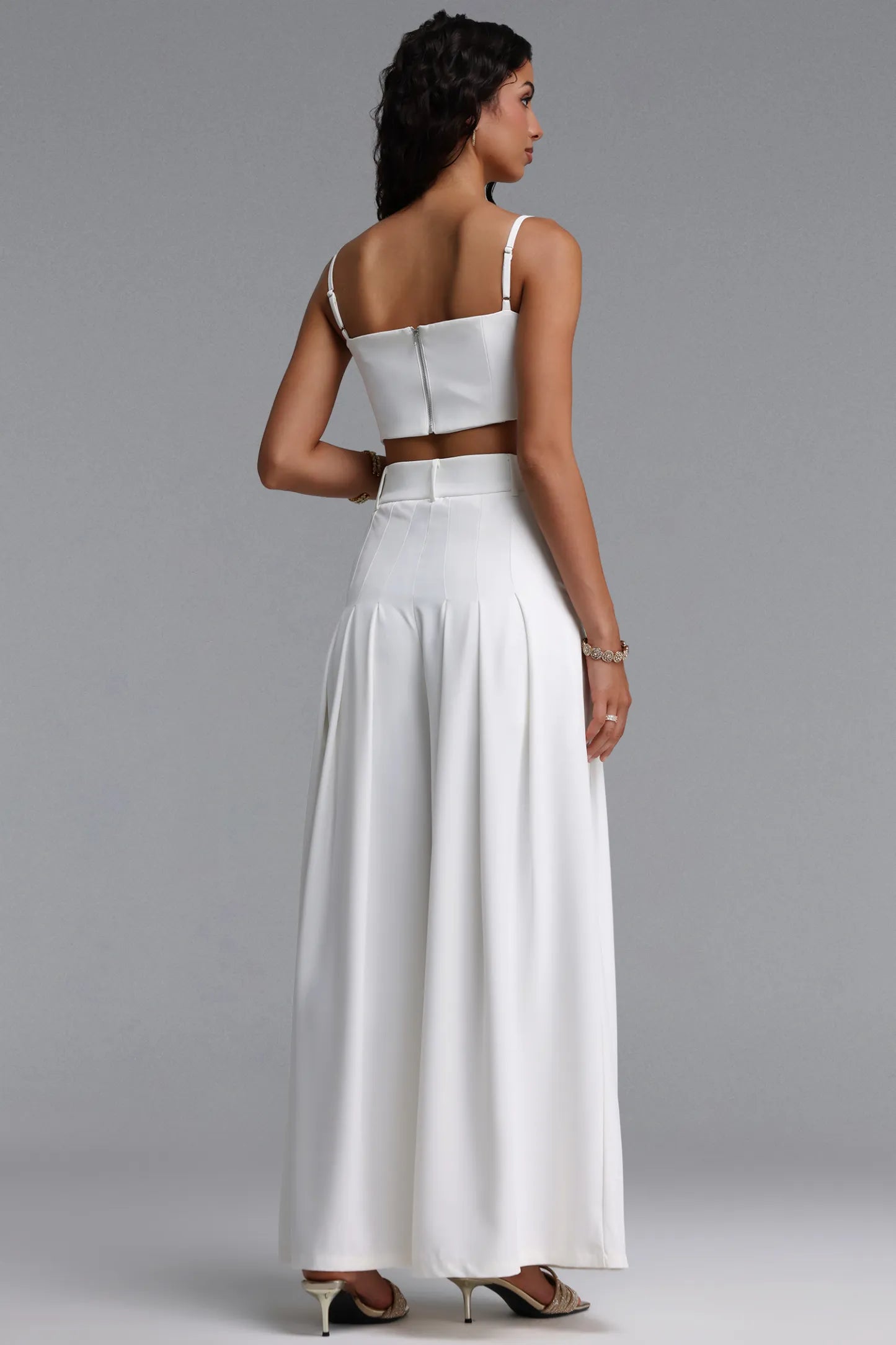 Pristine White Embellished Crop Top & Wide-Leg Trouser Set
