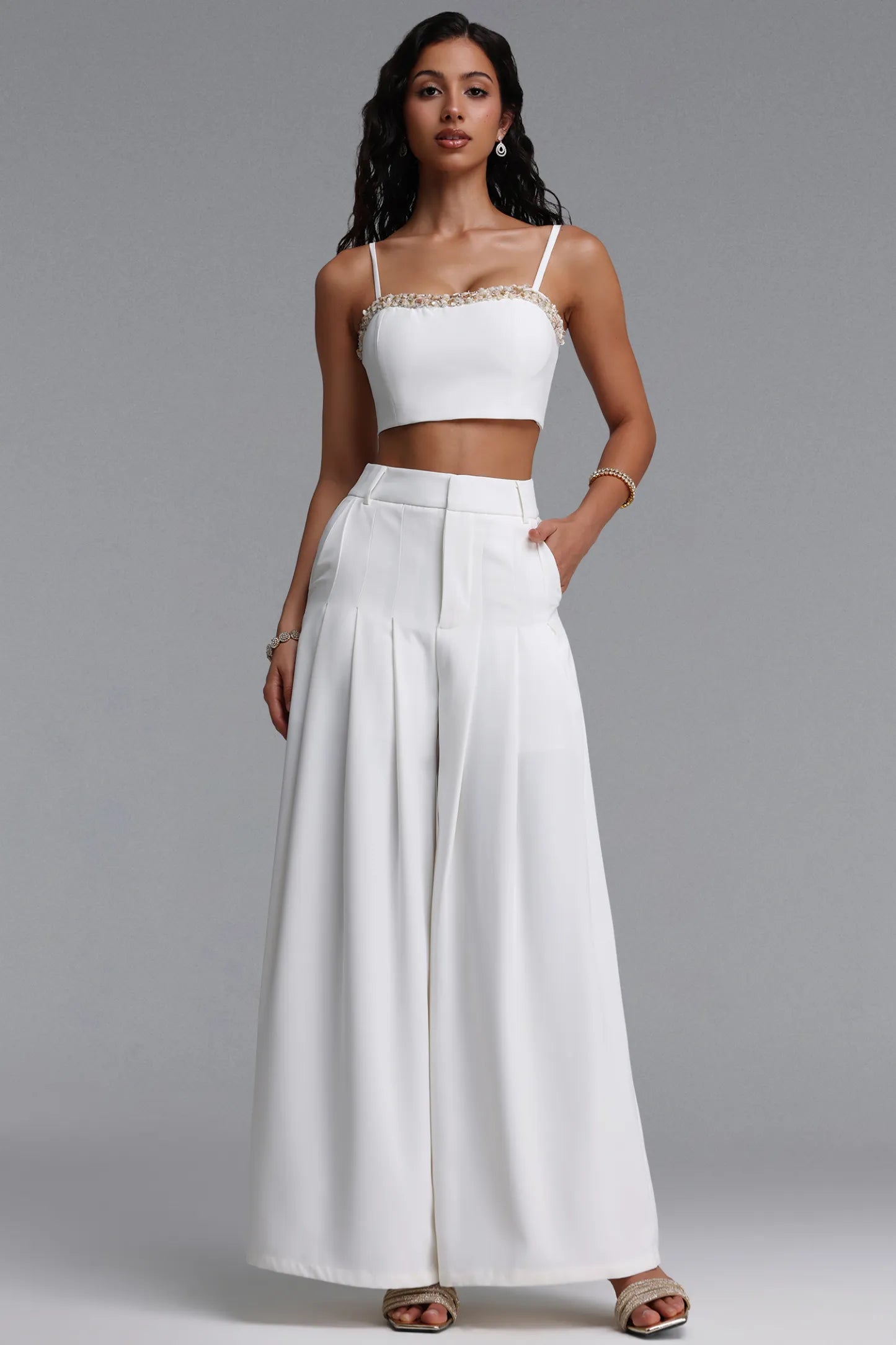 Pristine White Embellished Crop Top & Wide-Leg Trouser Set
