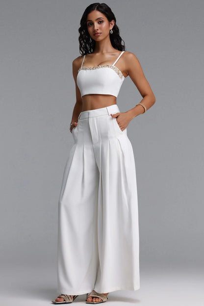 Pristine White Embellished Crop Top & Wide-Leg Trouser Set