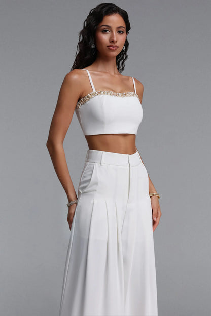 Pristine White Embellished Crop Top & Wide-Leg Trouser Set