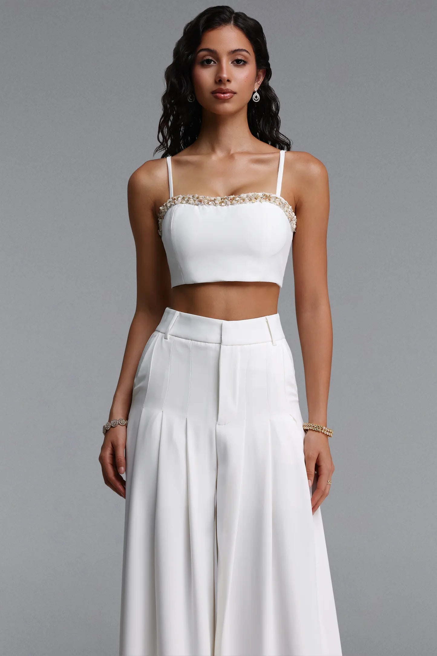 Pristine White Embellished Crop Top & Wide-Leg Trouser Set