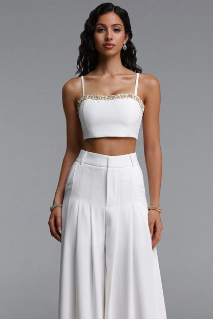 Pristine White Embellished Crop Top & Wide-Leg Trouser Set