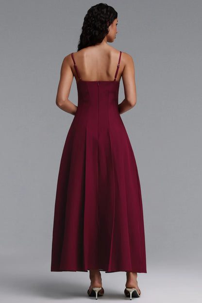Maroon Illusion Sweetheart Evening Gown with Pleated Skirt