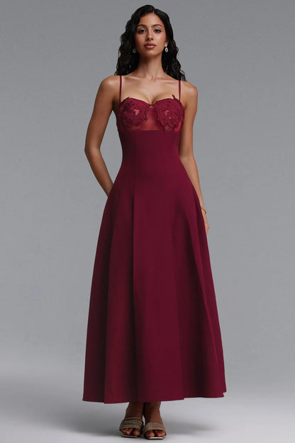 Maroon Illusion Sweetheart Evening Gown with Pleated Skirt