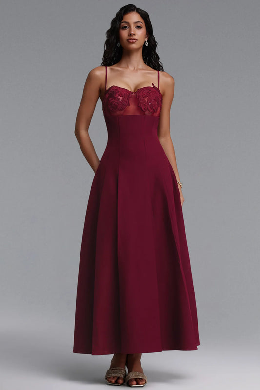 Maroon Illusion Sweetheart Evening Gown with Pleated Skirt